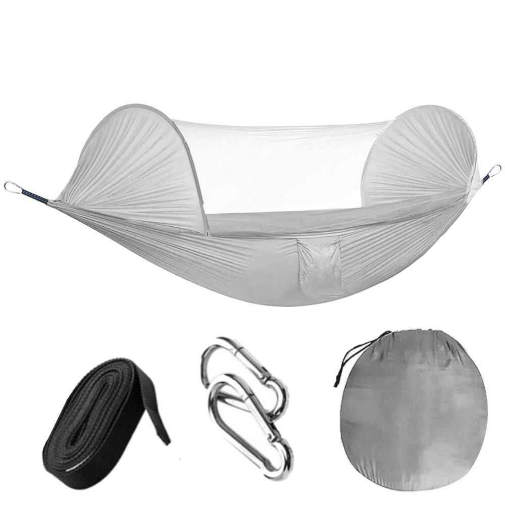 Hamac dublu din material parasuta 140x260cm, cu plasa de tantari si geanta transport, gri