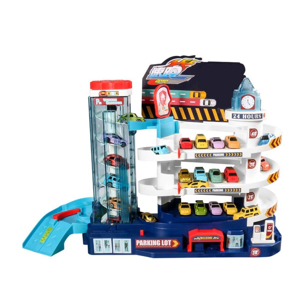 Circuit cu parcare pentru masinute, cu lumini si sunete, 6 masinute, cu nivele cu lift de urcare