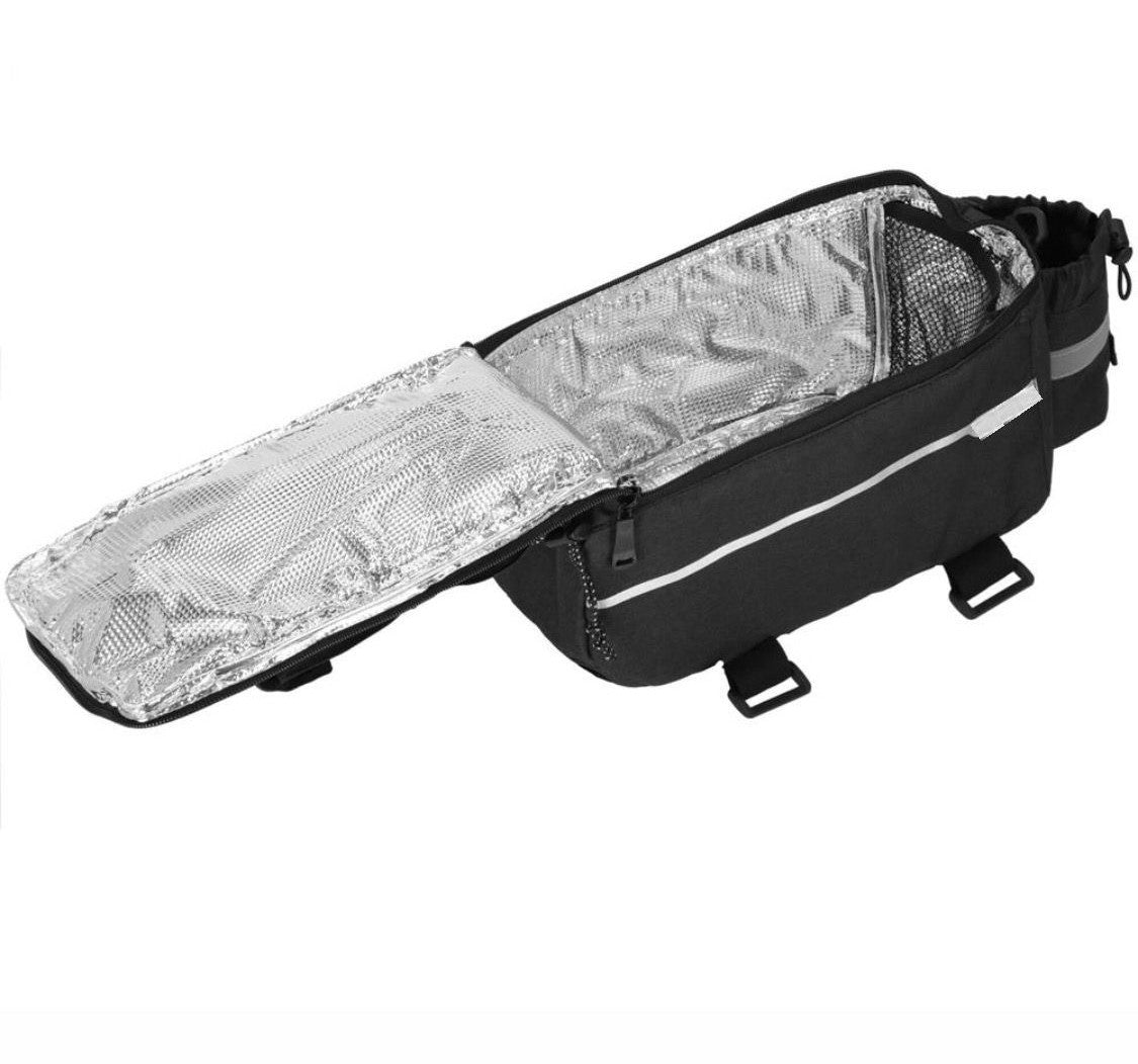 Geanta portbagaj bicicleta, 1 compartiment si 2 buzunare laterale, 38x14x16cm, negru cu elemente reflectorizante gri