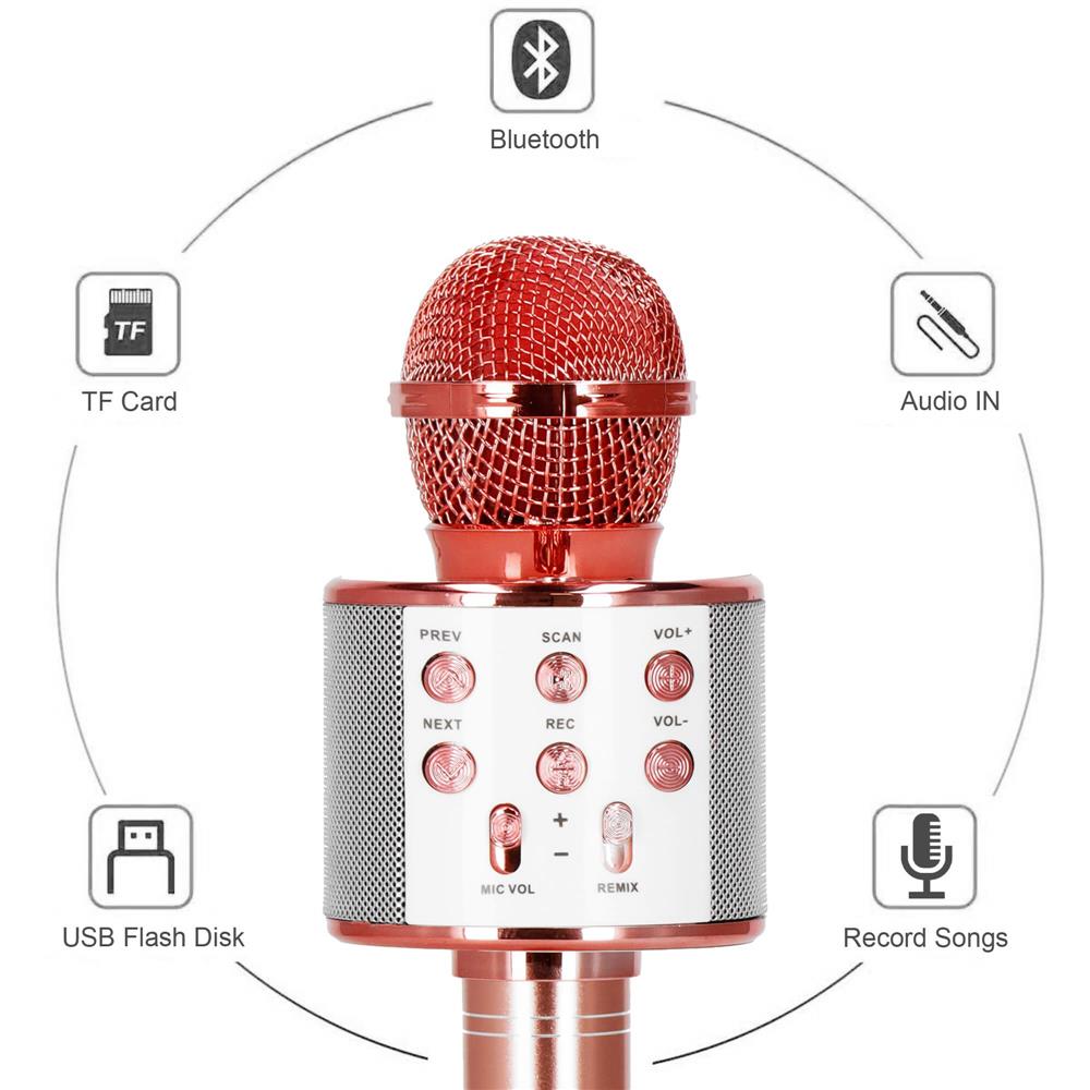 Microfon karaoke copii, wireless, cu acumulator, compatibil iOS si Android, functie de schimbare a vocii, roz
