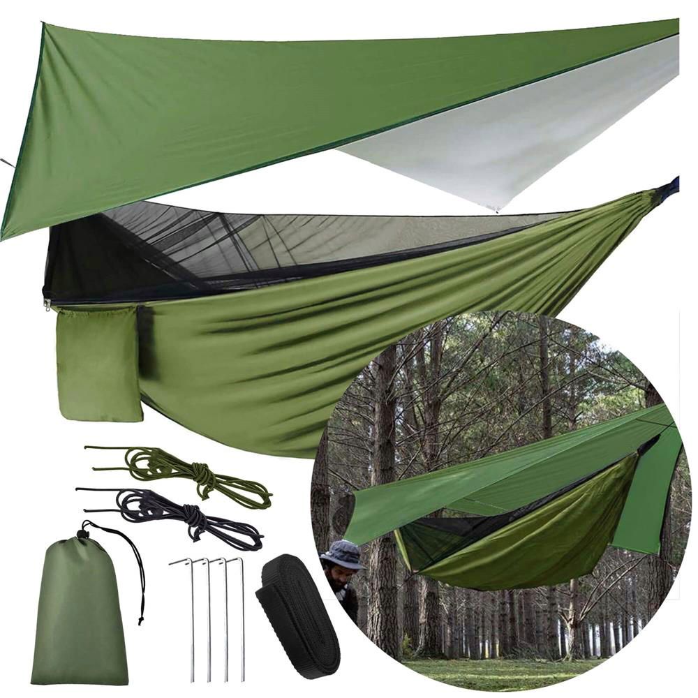 Hamac dublu din material parasuta 140x260cm, cu plasa de tantari si baldachin impermeabil, 200kg, verde
