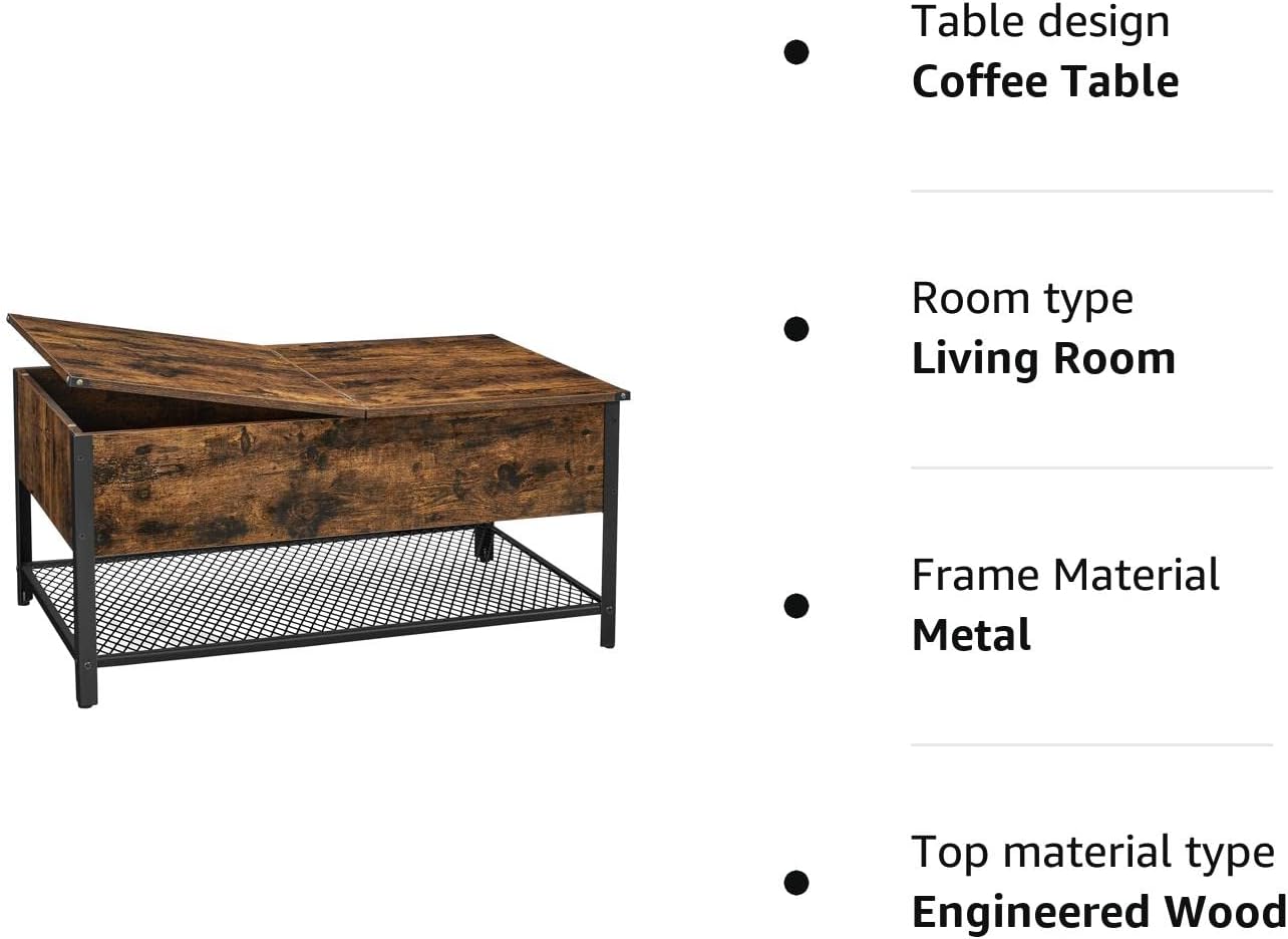 Masuta de cafea cu capac rabatabil, compartiment depozitare ascuns si raft plasa, industrial, 100x55x47cm, maro rustic si negru