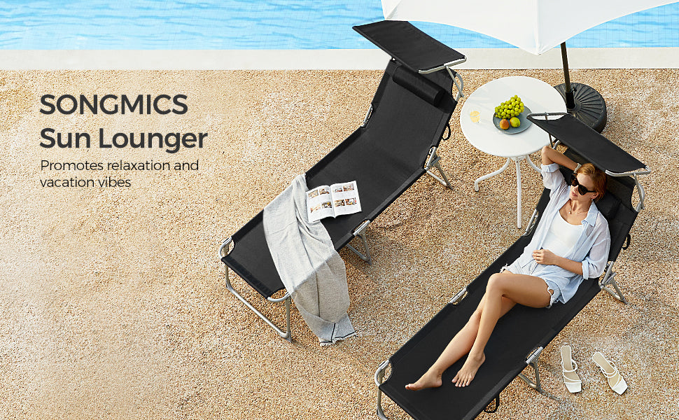 SONGMICS Sezlong pliabil, cu parasolar si tetiera, spatar reglabil in 4 pozitii, maxim 150kg, 193x53x29cm, negru