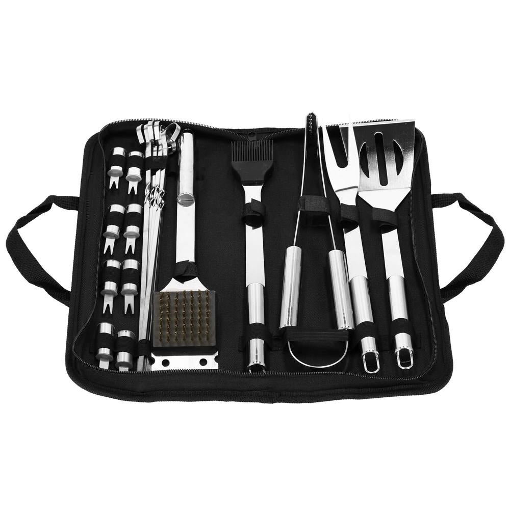 Set accesorii pentru gratar din inox, 20 de piese inclusiv perie, husa transport