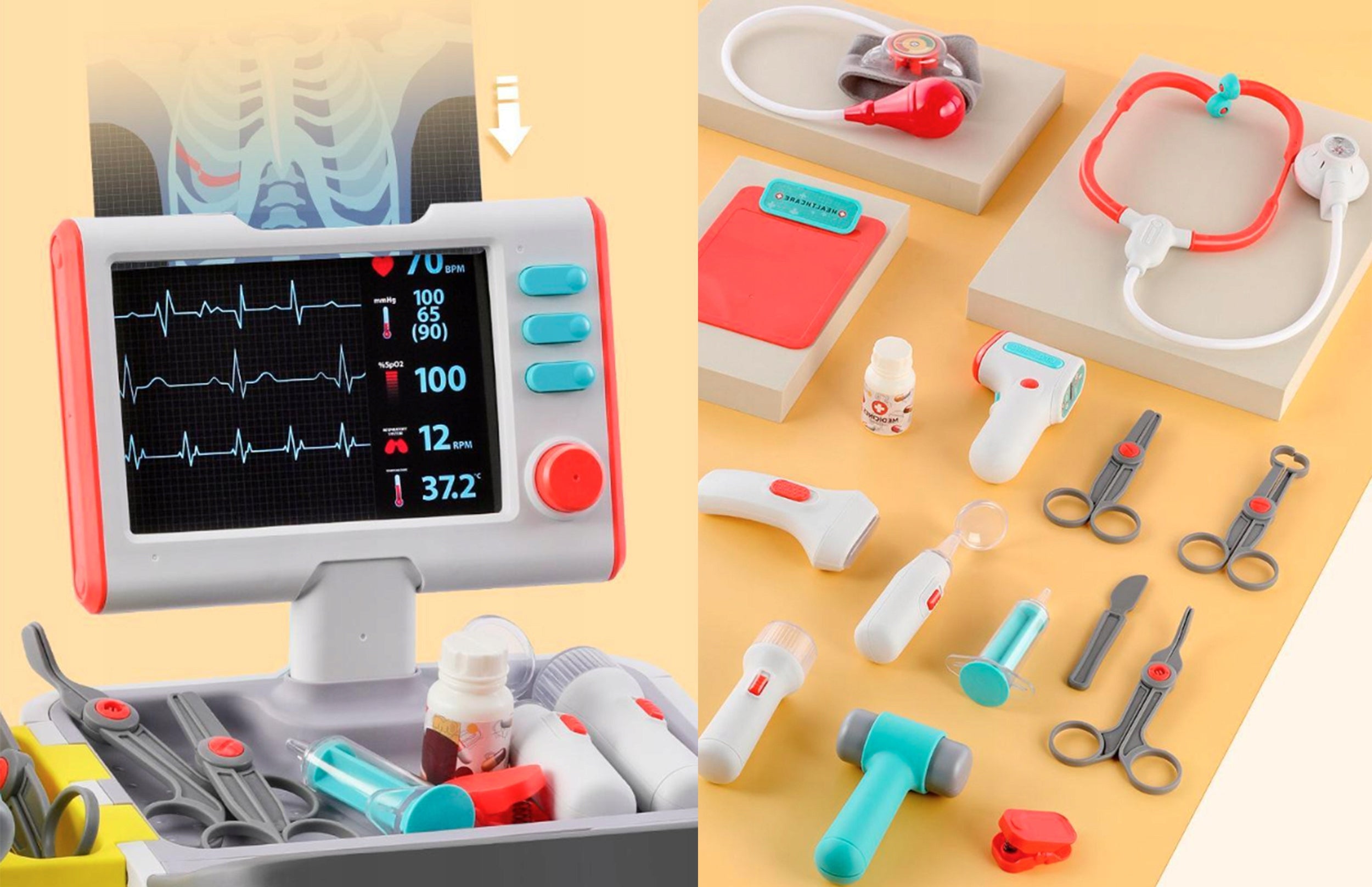 Set de joaca, carucior medical cu aparatura si instrumente, cu sunete si lumini