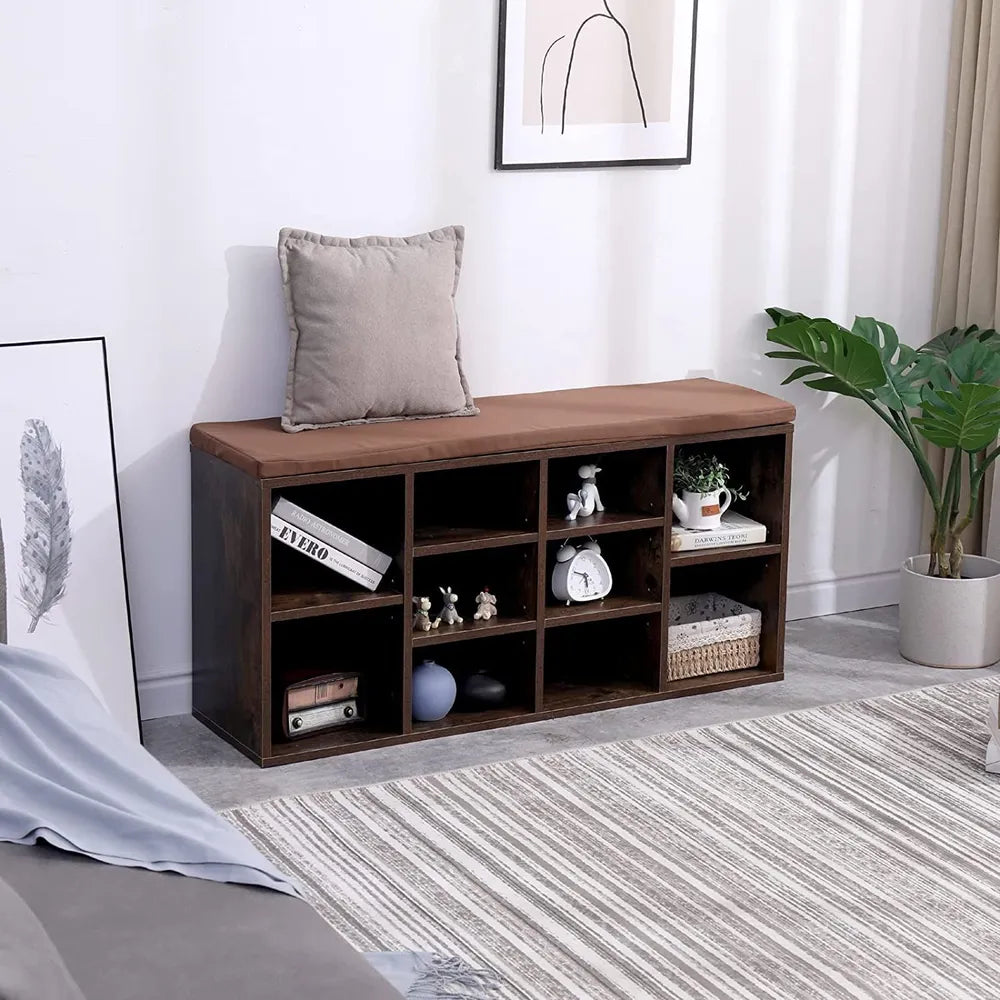 Banca pentru hol cu suport pentru pantofi, 10 compartimente, cu perna, 104x48x30cm, maro rustic