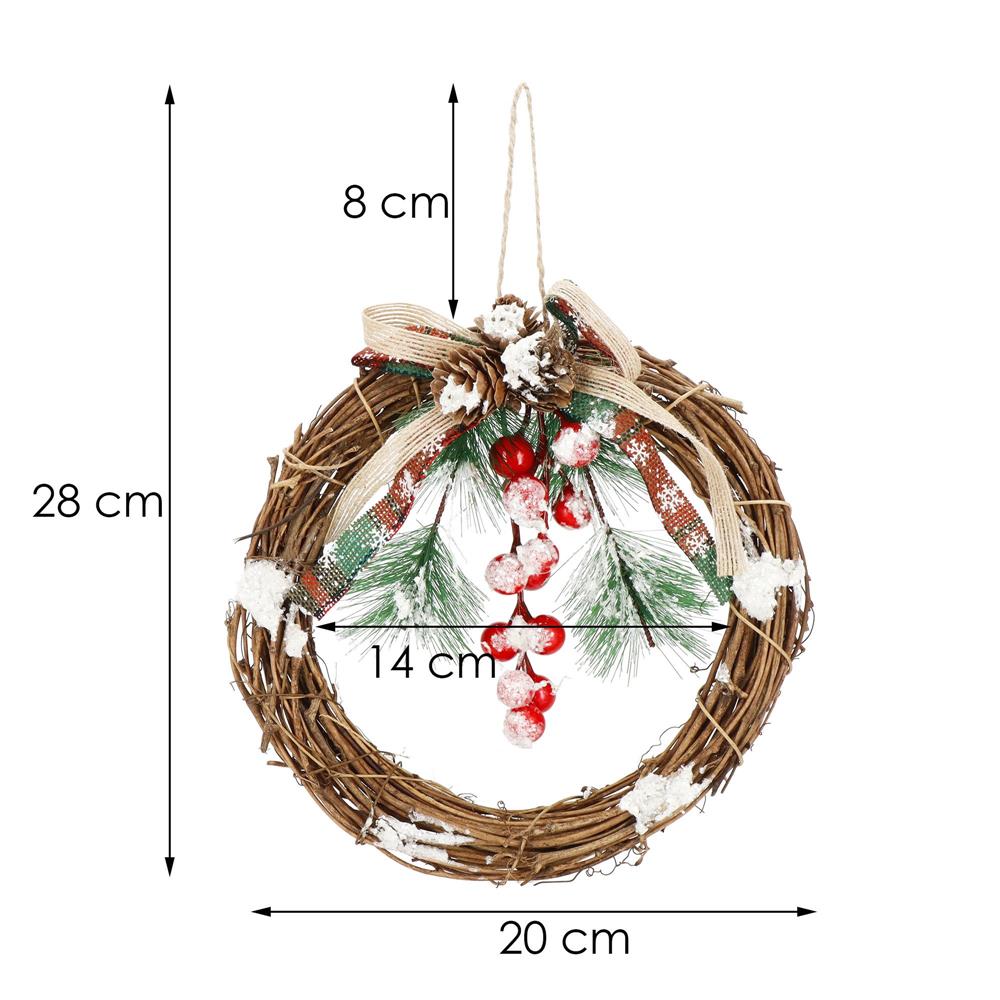 Coronita pentru Craciun, 20 cm, din crengi impletite, cu zapada, maro