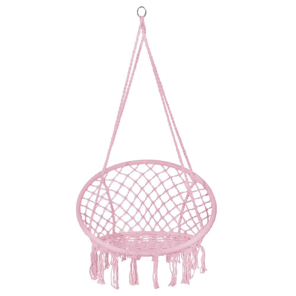 Scaun rotund tip leagan suspendat pentru casa sau gradina SPR42, cu franjuri, 150kg, roz