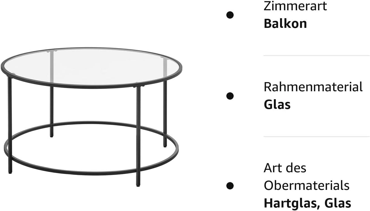 VASAGLE Masa de cafea rotunda, din sticla securizata cu cadru metalic, 84x84x45cm, negru