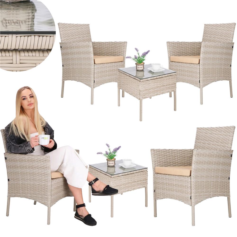 Set mobilier terasa, din tehnorattan, masa cu blat sticla securizata, 2 fotolii cu perne, bej