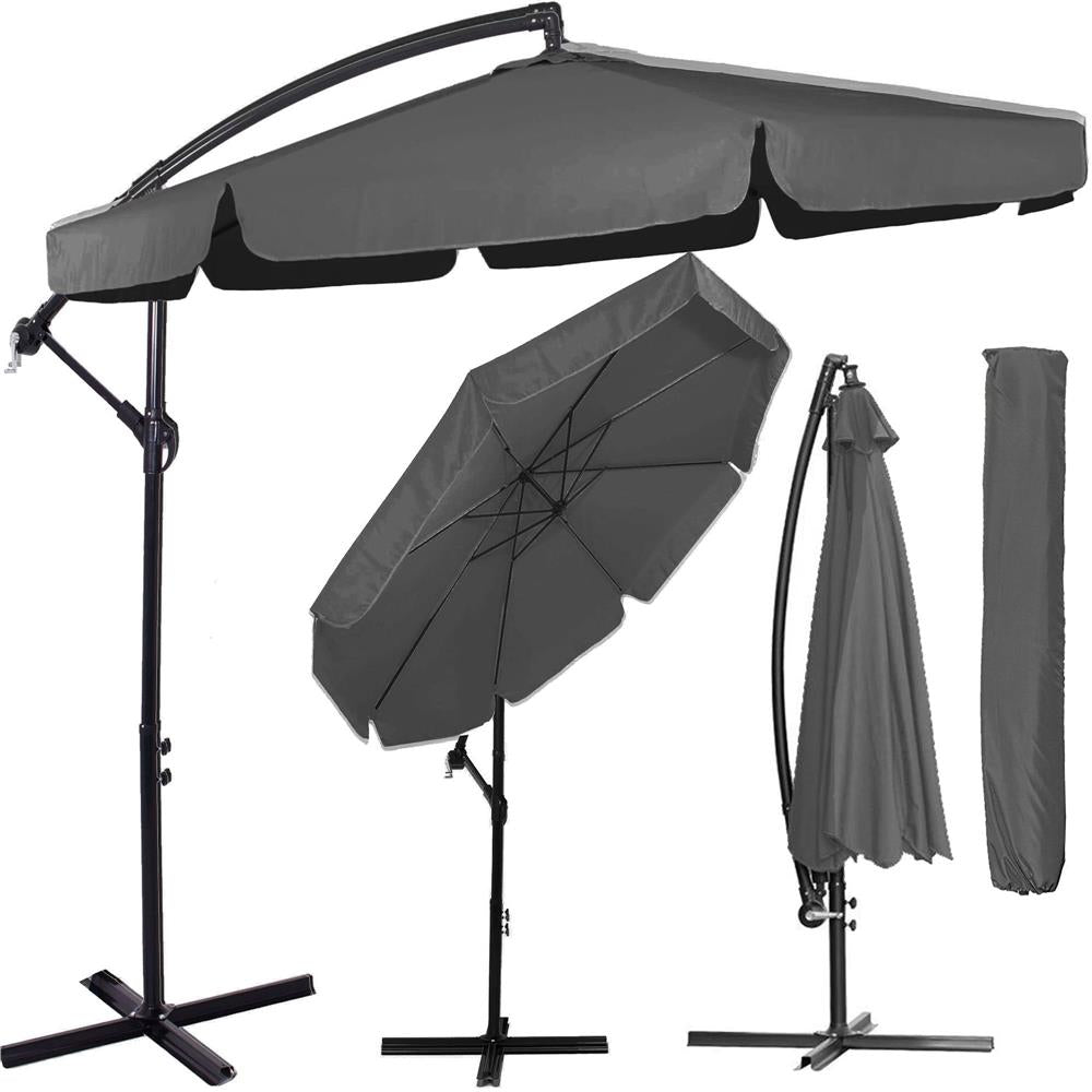 Umbrela de gradina cu brat lateral banana, cu husa, 300cm, gri