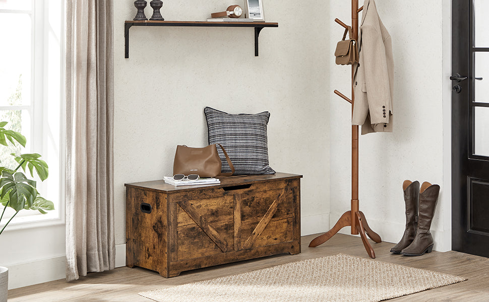 VASAGLE Banca de depozitare tip cufar, cu 2 balamale de siguranta, stil hambar, 40x100x46cm, maro rustic