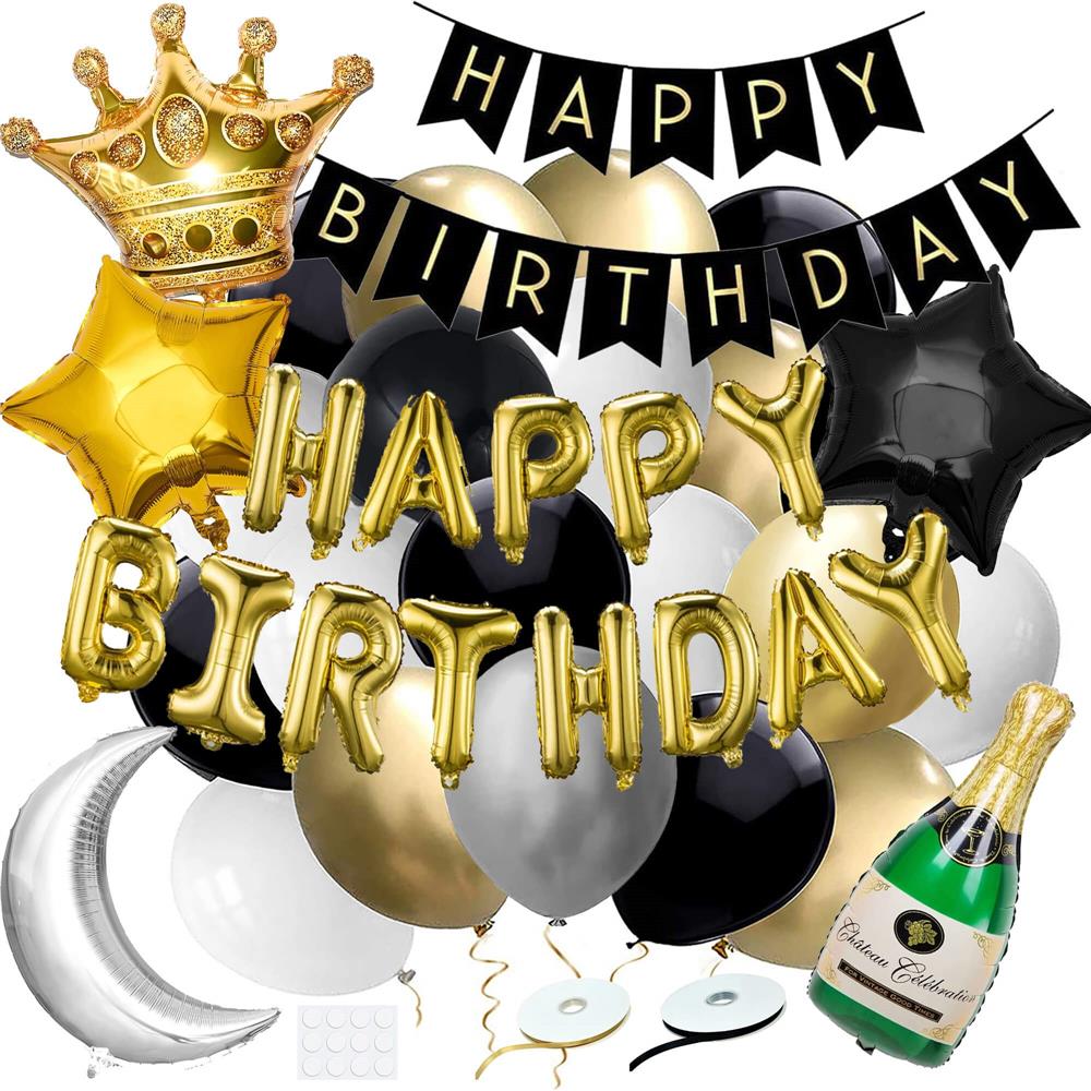 Set 53 baloane si decoratiuni, Happy Birthday, argintiu, negru, auriu