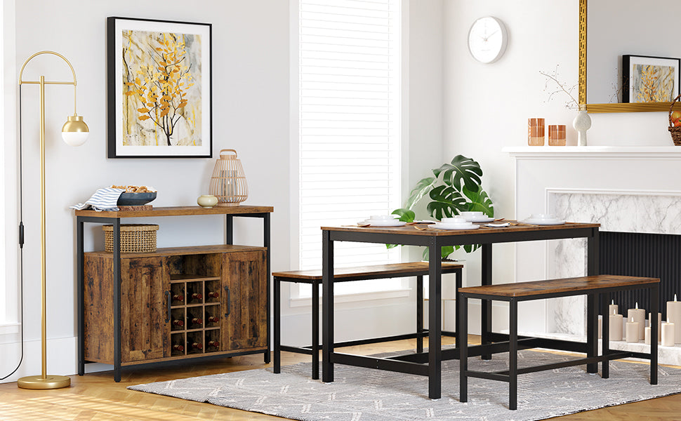 VASAGLE Comoda tip bufet, cu 2 usi si suport pentru sticle vin, stil industrial, 100x35x81cm, maro rustic si negru