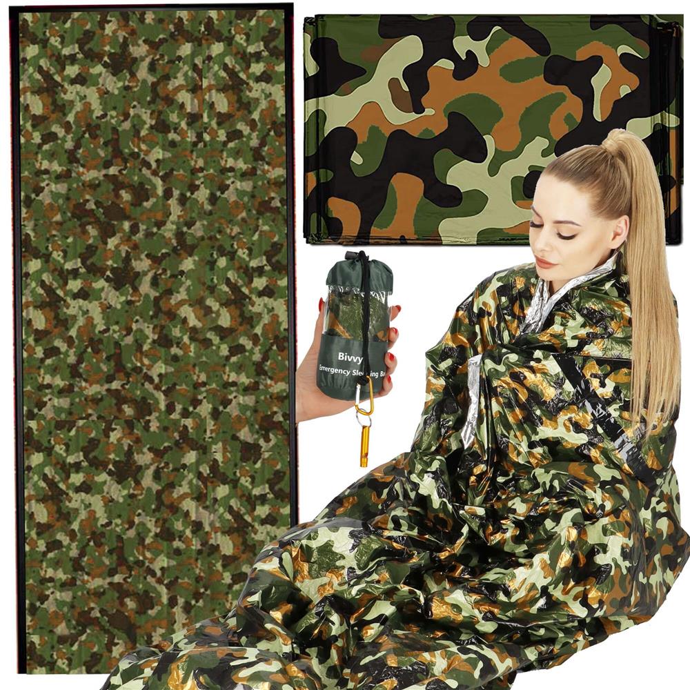 Sac de supravietuire anti hipotermie, umezeala, ploaie si vant, 120x200cm, verde camuflaj
