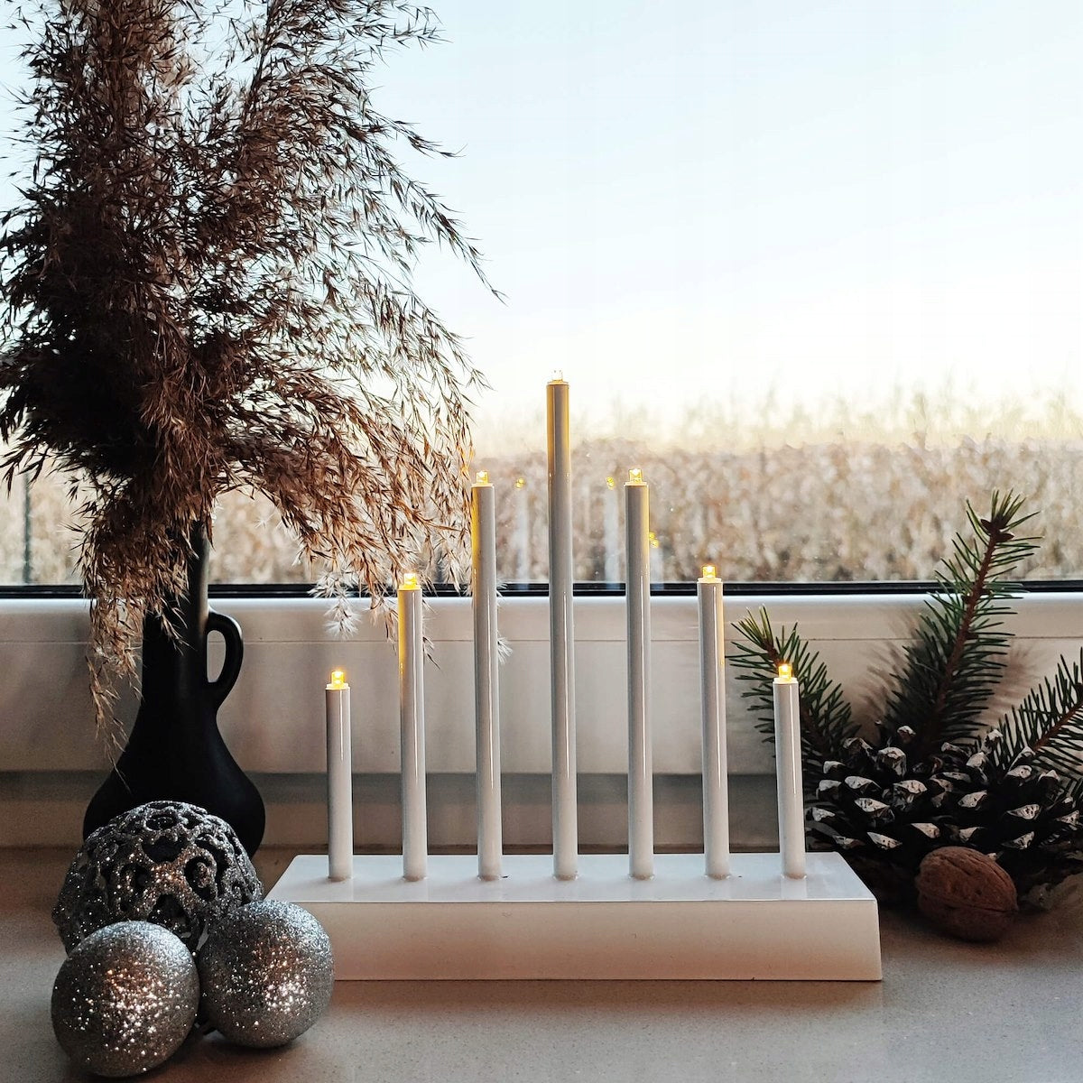 Lumanari decorative de Craciun, 7 becuri tip LED, culoare argintiu