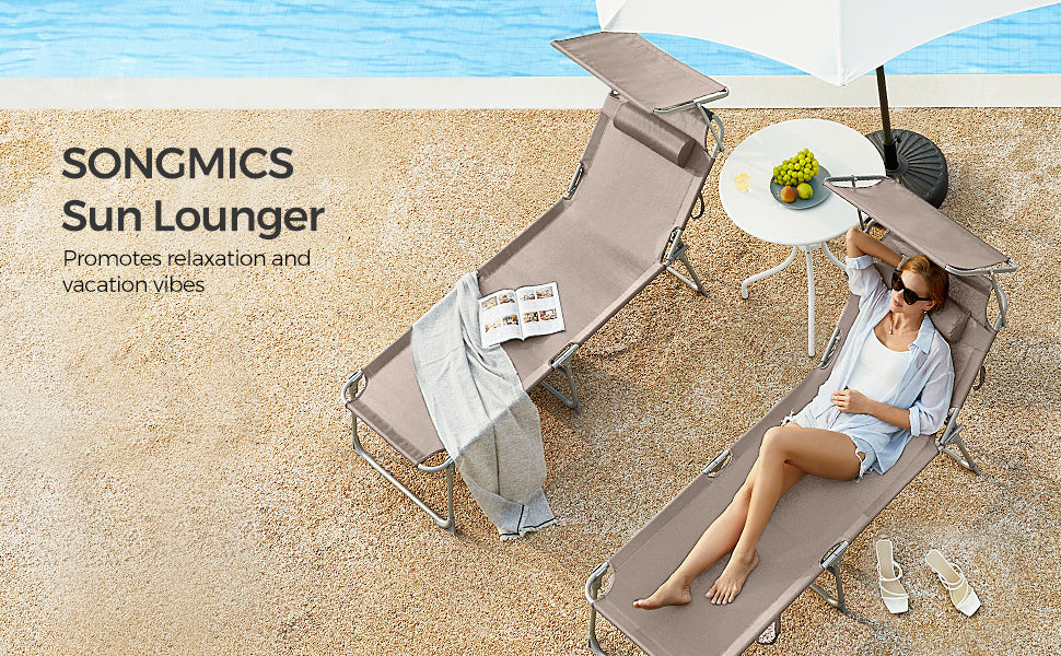 SONGMICS Sezlong pliabil, cu parasolar si tetiera, spatar reglabil in 4 pozitii, maxim 150kg, 193x53x29cm, crem