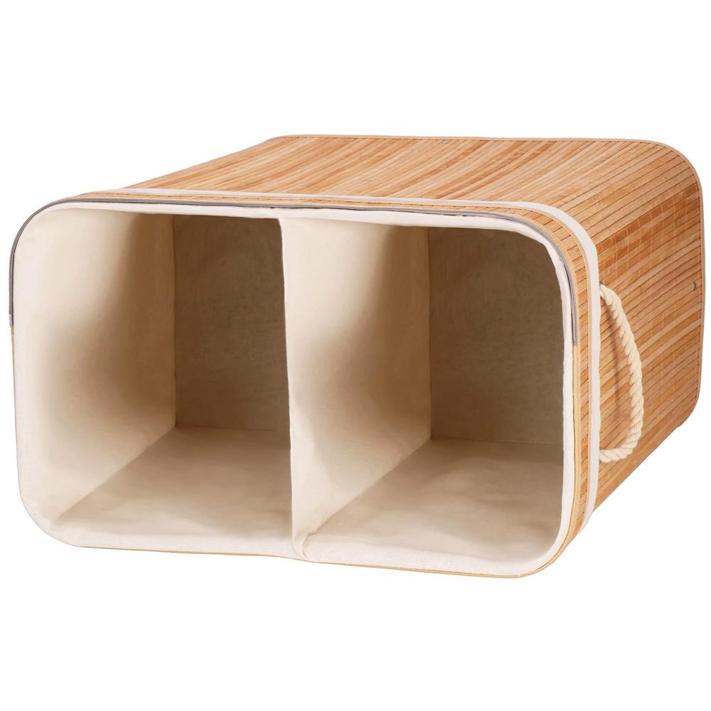 Cos de rufe din bambus cu capac, 2 compartimente, sac detasabil, volum 100L, 53x32x62cm, maro