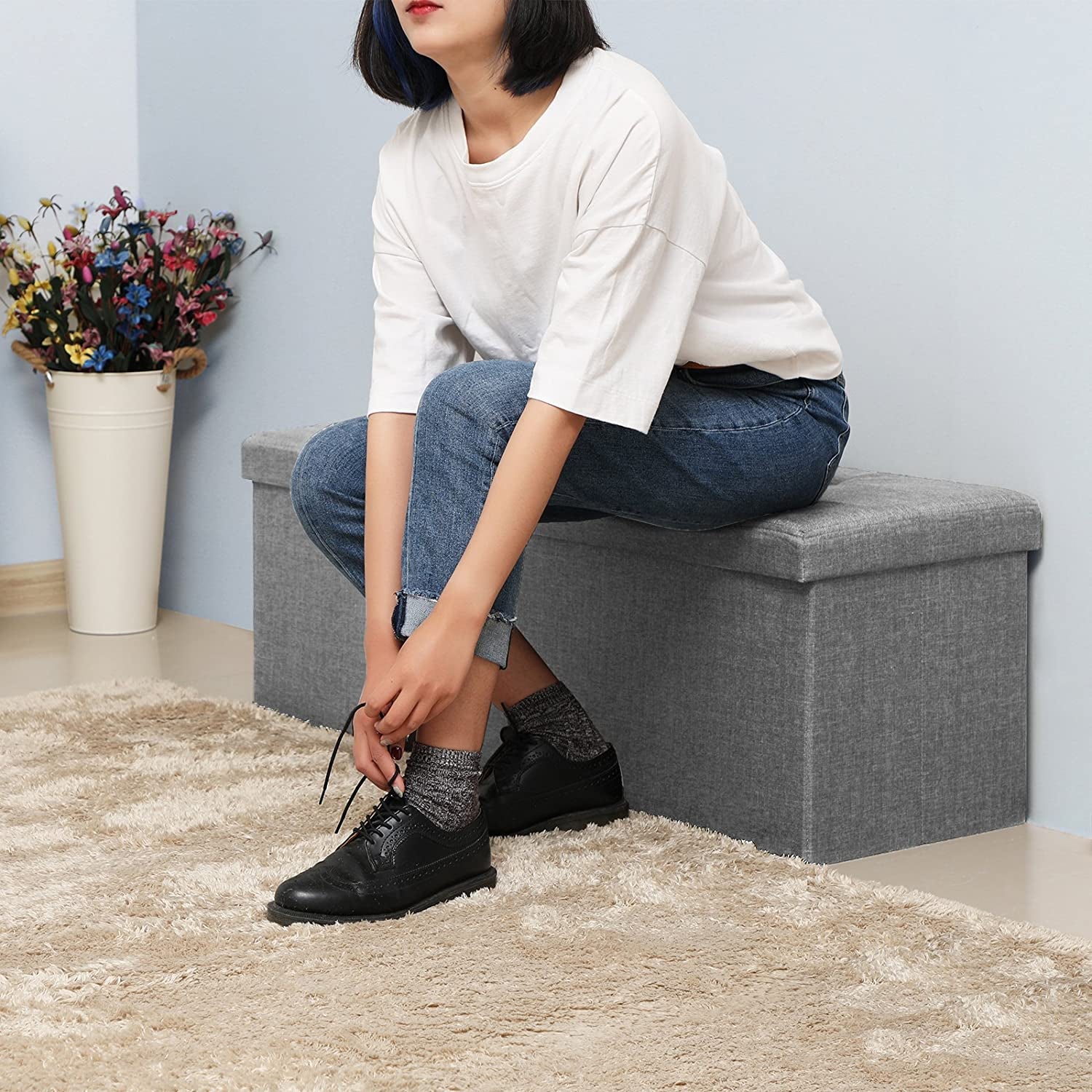 SONGMICS Taburet pliabil cu sezut moale, spatiu de depozitare 131litri, maxim 300kg, 110x38x38cm, gri