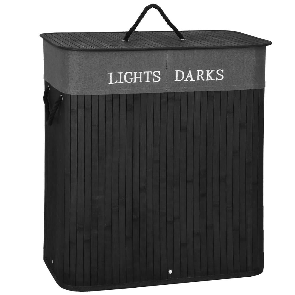 Cos de rufe din bambus cu capac, 2 compartimente, sac detasabil, volum 100L, 54x34x60cm, negru
