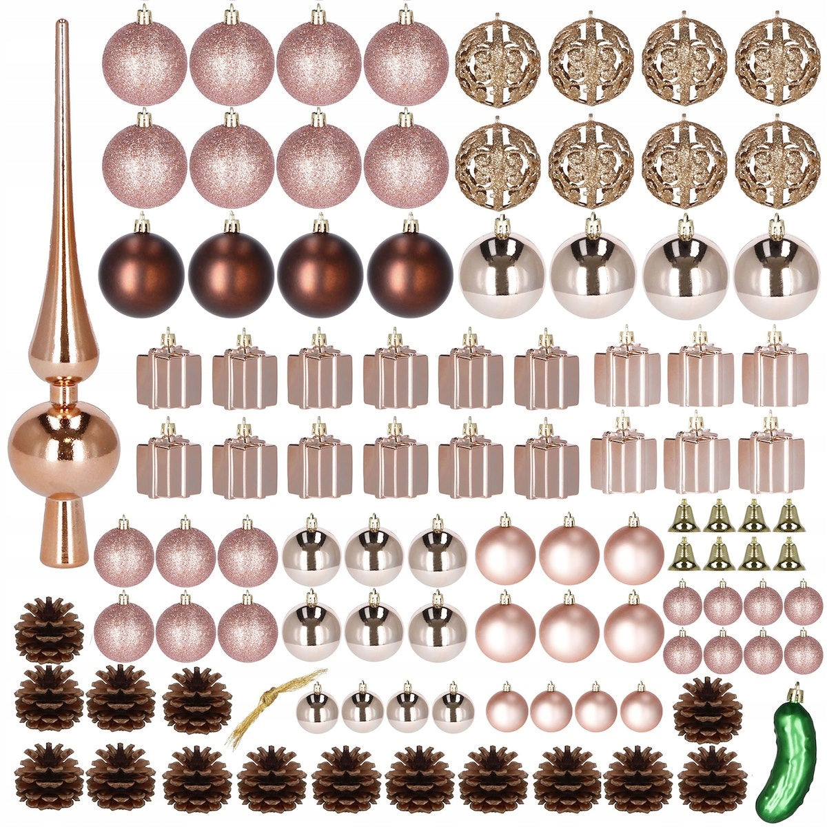 Set globuri si decoratiuni de Craciun, 101 piese, diverse dimensiuni, roz auriu