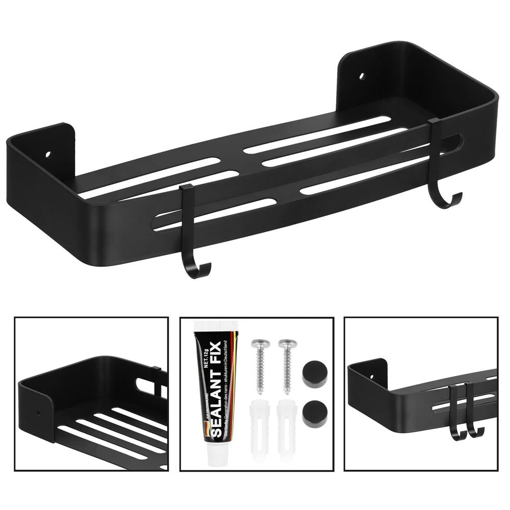 Raft de baie cu 2 agatatori, 2 sisteme instalare pe perete, aluminiu, 32x12x4cm, negru