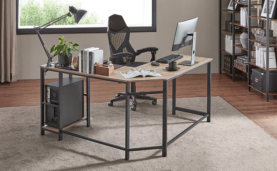VASAGLE Birou de colt in forma de L, cu 2 rafturi de depozitare, 138x138x75cm, industrial, gri si negru