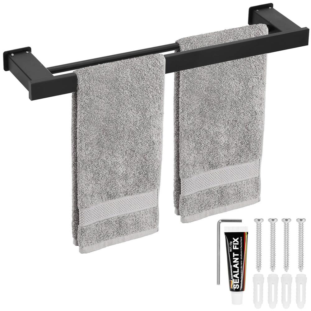 Suport prosoape pentru baie cu 2 sisteme de instalare, 2 brate, din aluminiu, 50x12cm, negru