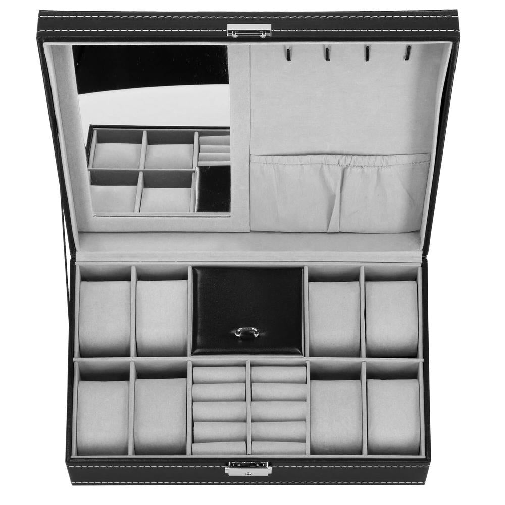 Cutie depozitare si organizare ceasuri si alte accesorii, MDF, piele ecologica, 30x20x8cm, negru