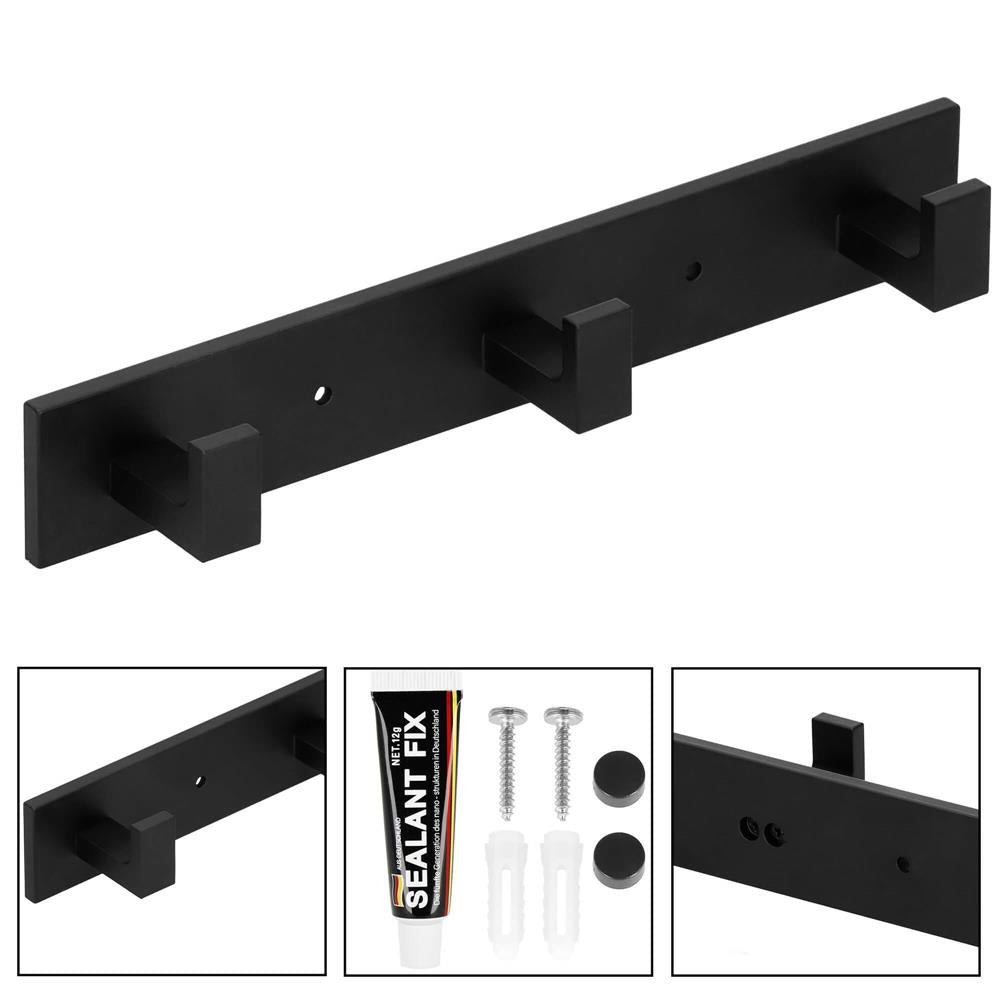 Cuier de baie pentru prosoape cu 2 sisteme instalare, aluminiu, 3 agatatori, 25x4cm, negru