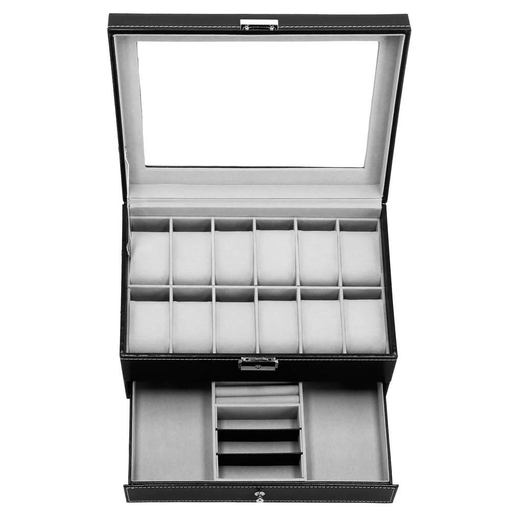 Cutie depozitare si organizare ceasuri si alte accesorii, MDF, piele ecologica, 30x20x13cm, negru