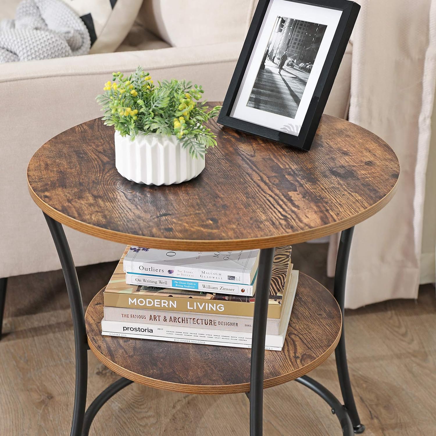 VASAGLE Masuta laterala rotunda, tip noptiera, cu 2 rafturi, cadru de otel, 55x55cm, maro rustic