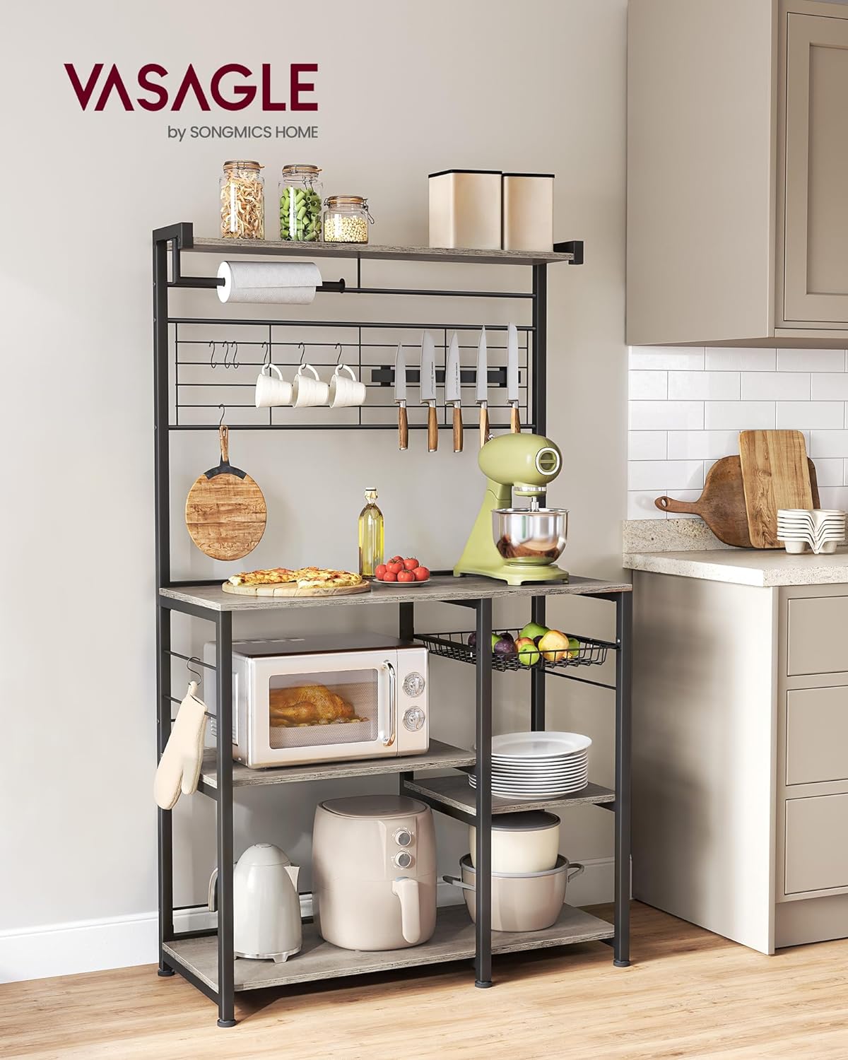 VASAGLE Raft de bucatarie cu spatiu pentru cuptorul cu microunde, banda magnetica cutite, suport role de bucatarie, 42x90x167cm, gri