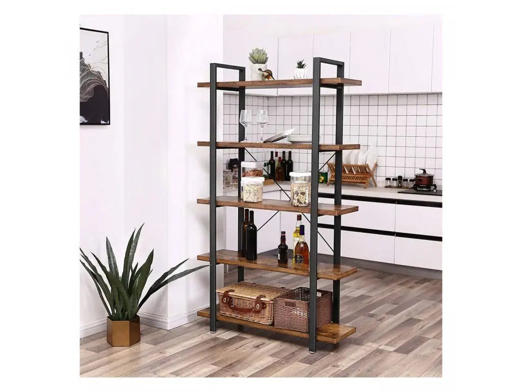 VASAGLE Biblioteca cu 5 rafturi, cadru din otel si rafturi din PAL, 105x34x178cm, maro rustic si negru