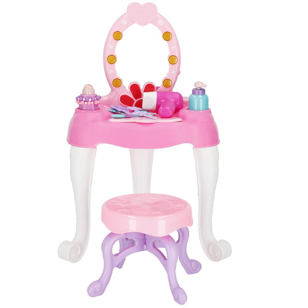 Masa toaleta pentru copii, cu taburet, 19 accesorii joaca, din plastic, 37x20x60 cm, roz