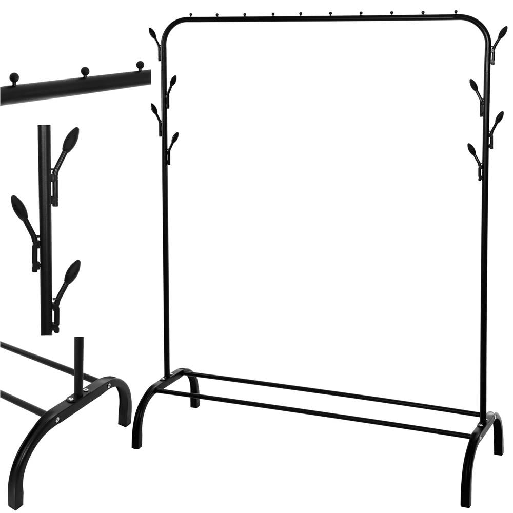 Suport pentru haine cu cadru metalic, cu sina de agatat si carlige cuier, 40x110x146cm, negru