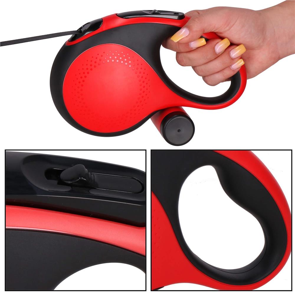 Lesa automata retractabila, pentru rase mari pana la 50kg, 500 cm, suport saci, negru rosu