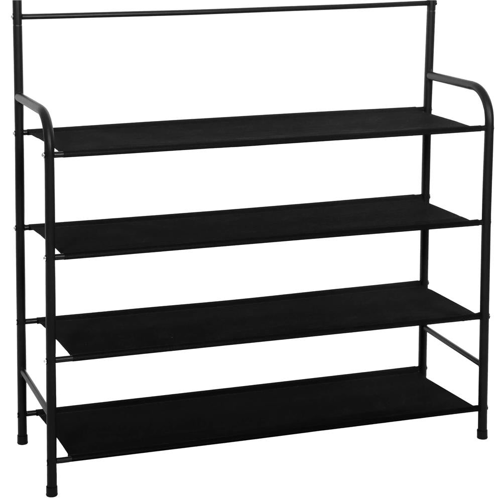 Cuier pentru haine cu banc de depozitare pantofi pe 4 polite, cadru metalic, 25x80x150cm, negru