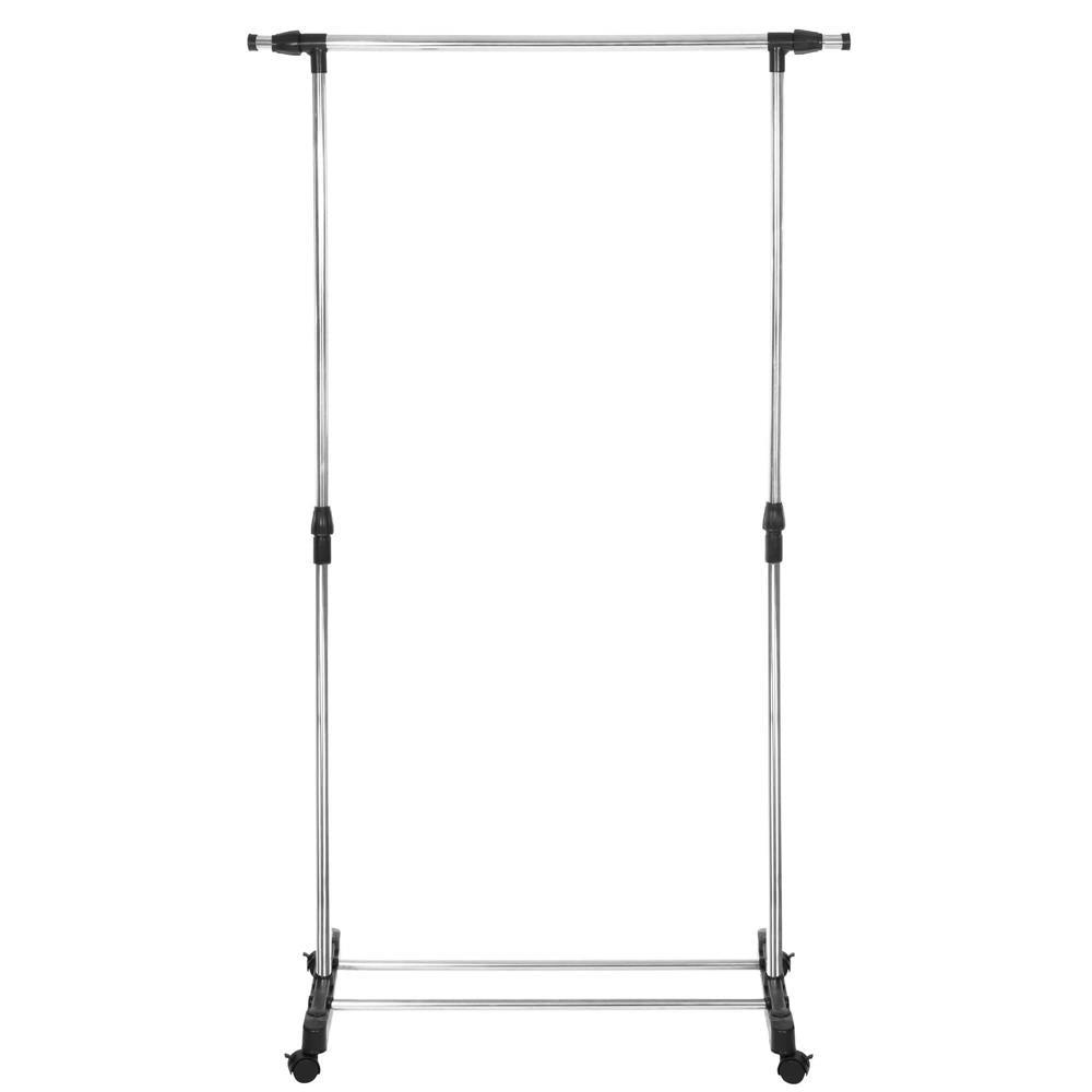 Suport pentru haine pe roti, reglabil pe inaltime si latime, din aluminiu cromat, 160x45x150cm, argintiu