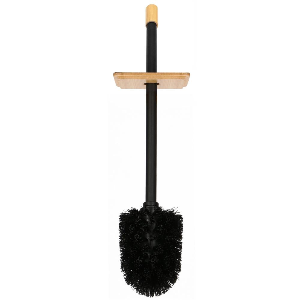 Stand cu perie WC si suport hartie igienica, metal si bambus, 79cm, negru
