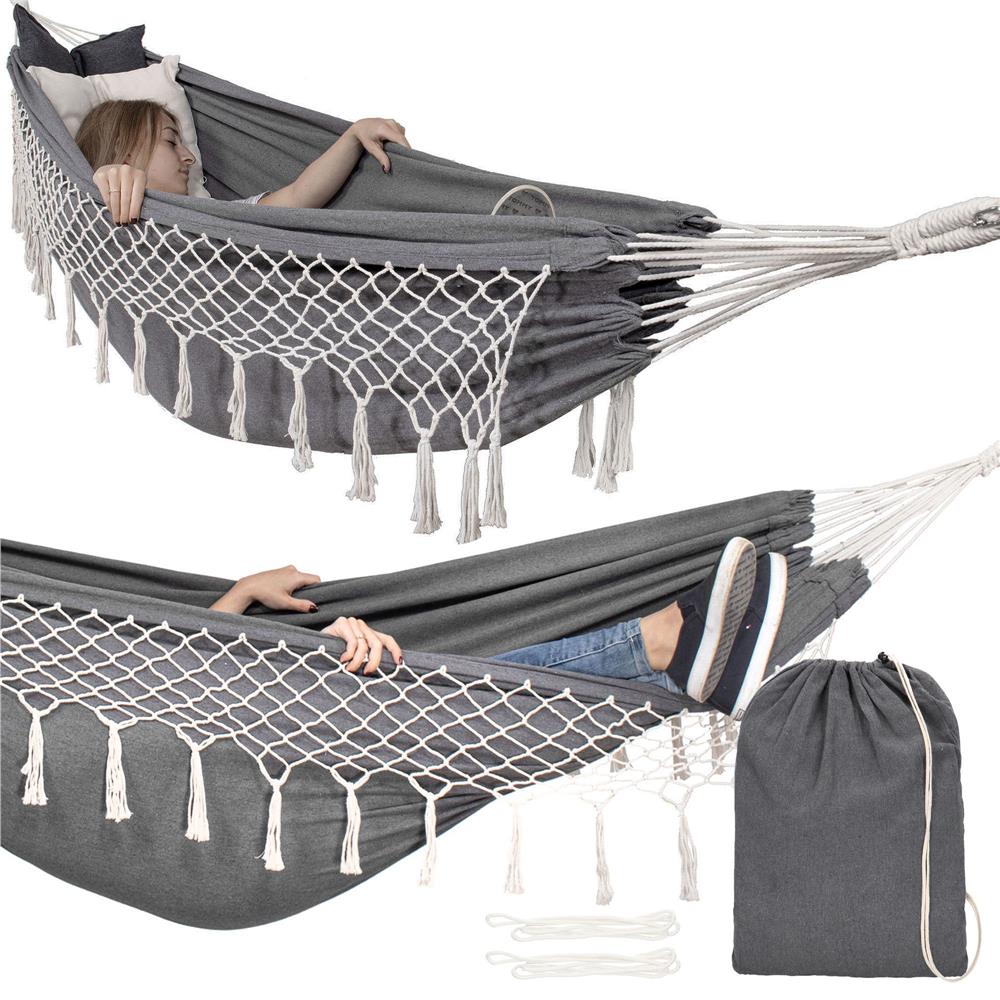 Hamac doua persoane cu franjuri si 2 perne, 200kg, 200×150 cm, gri inchis