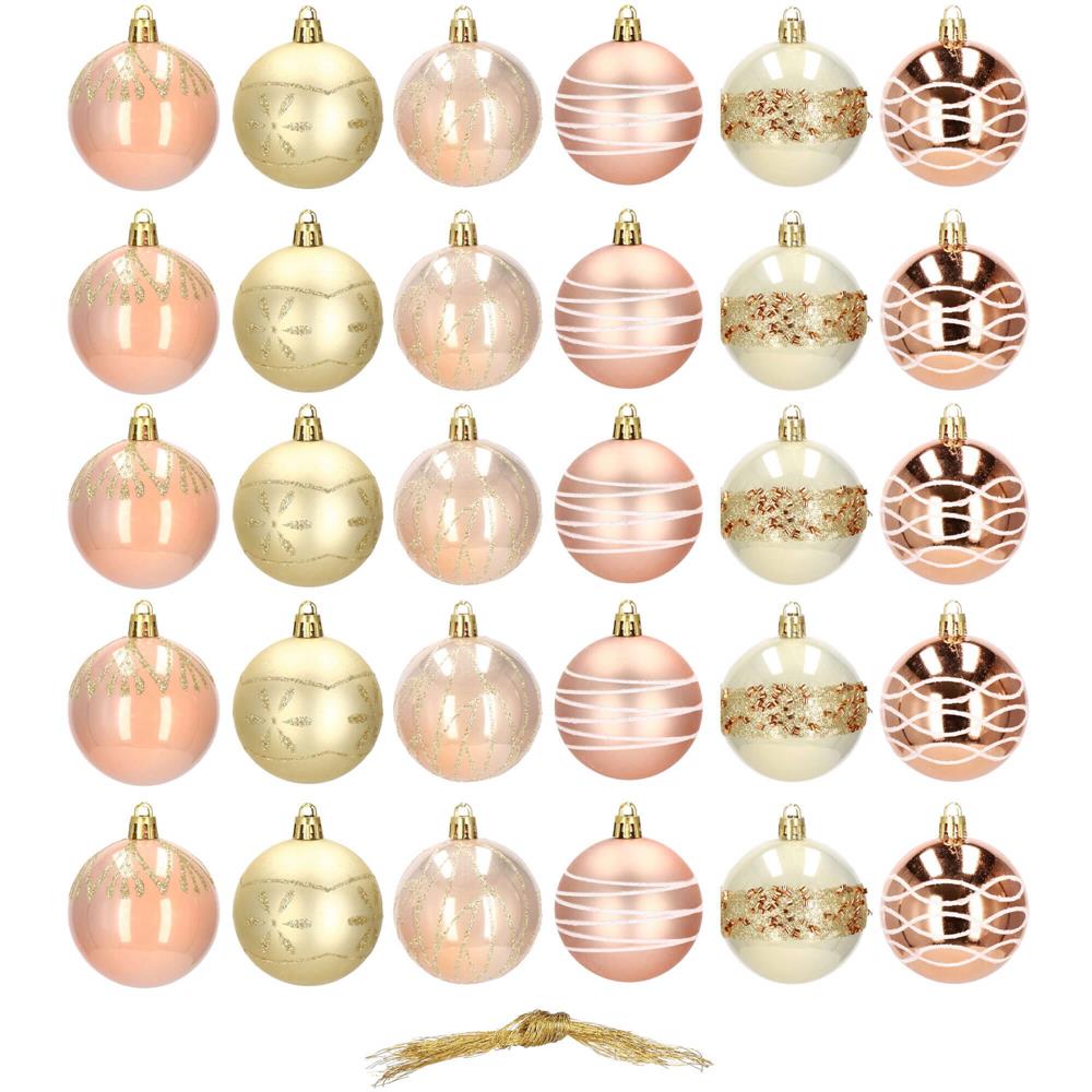 Set globuri de Craciun cu modele de sarbatori, 30 bucati, 6cm, roz si auriu