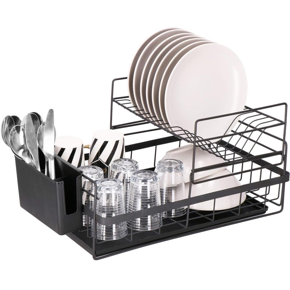 Uscator de vase cu suport tacamuri, din otel, pe 2 nivele, cu tava de scurgere, 50x30x24cm, negru