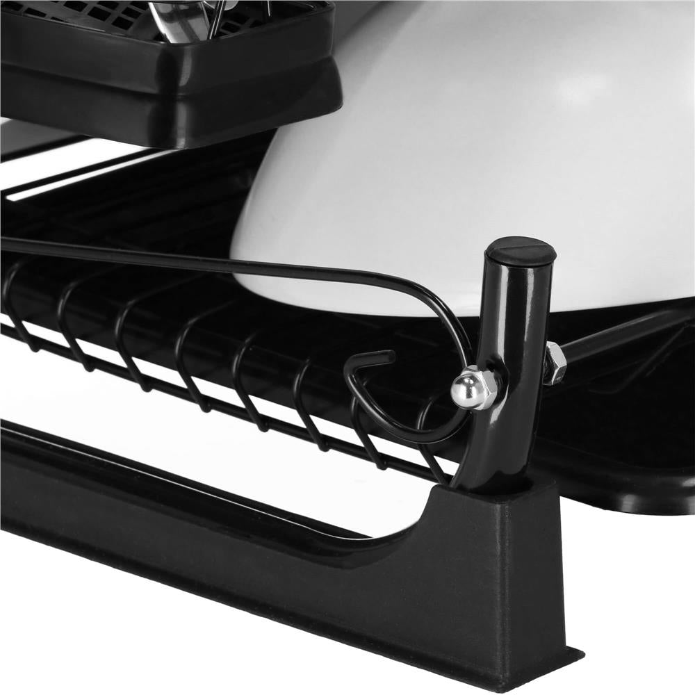 Uscator de vase cu suport pahare si tacamuri, din otel, pe 2 nivele, cu tava de scurgere, 52x25x37cm, negru