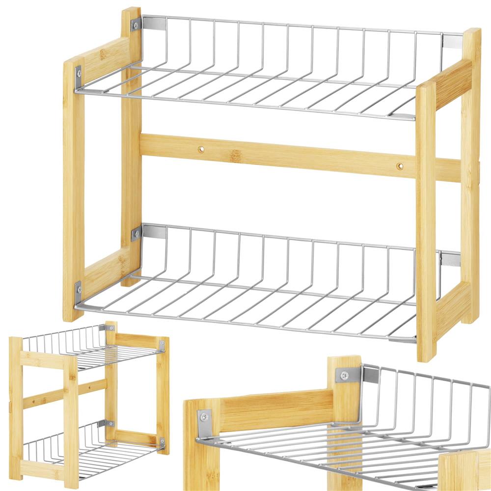 Suport organizator multifunctional cu 2 etaje, bambus si metal, 33x14x25cm