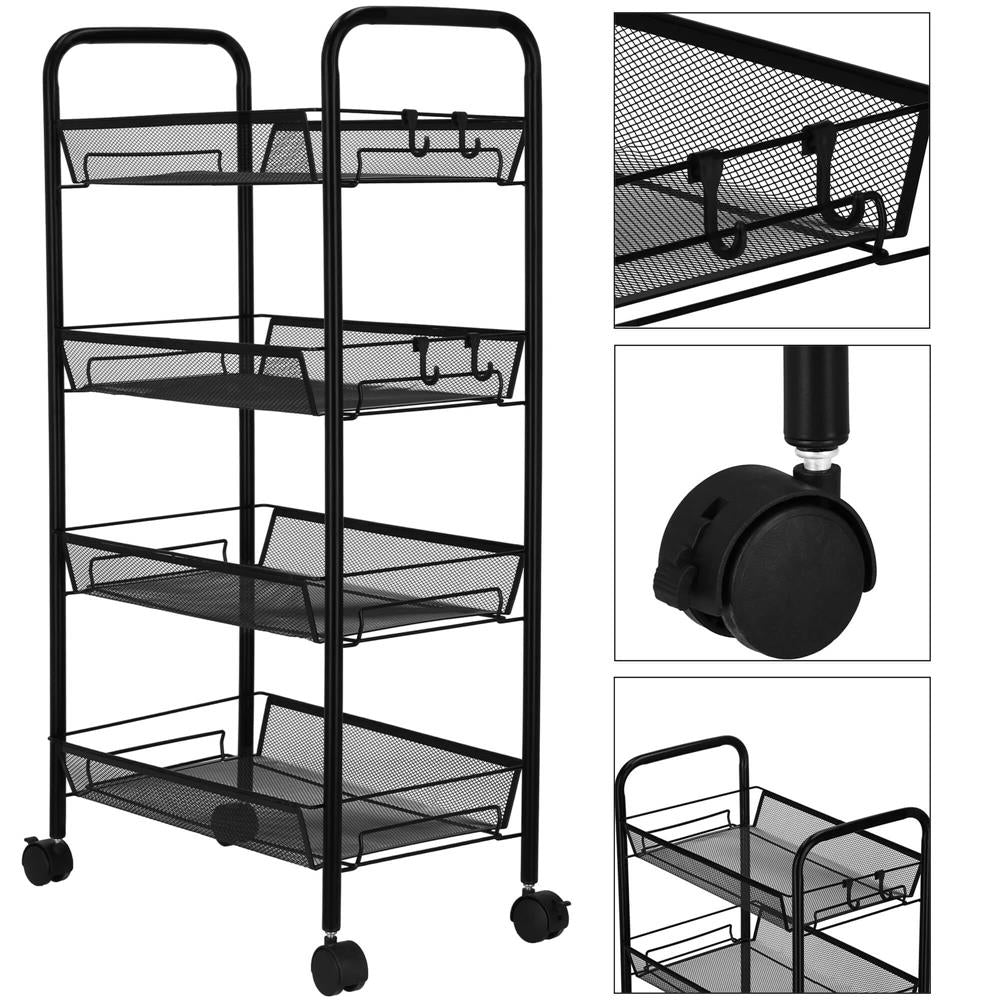 Raft metalic mobil tip carucior pentru bucatarie, 4 polite si 4 agatatori, negru, 44x26x85cm