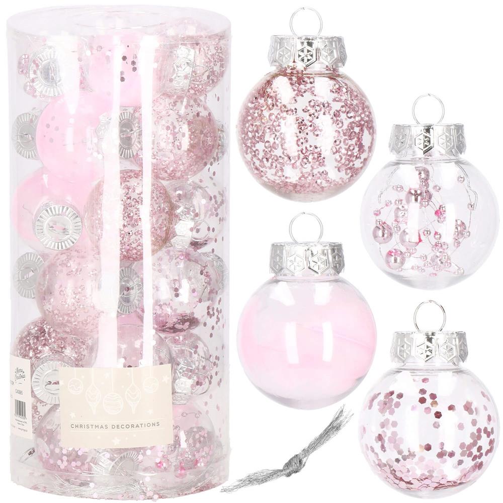 Set globuri de Craciun Inedit, 24 bucati, 5cm, transparente si roz pal