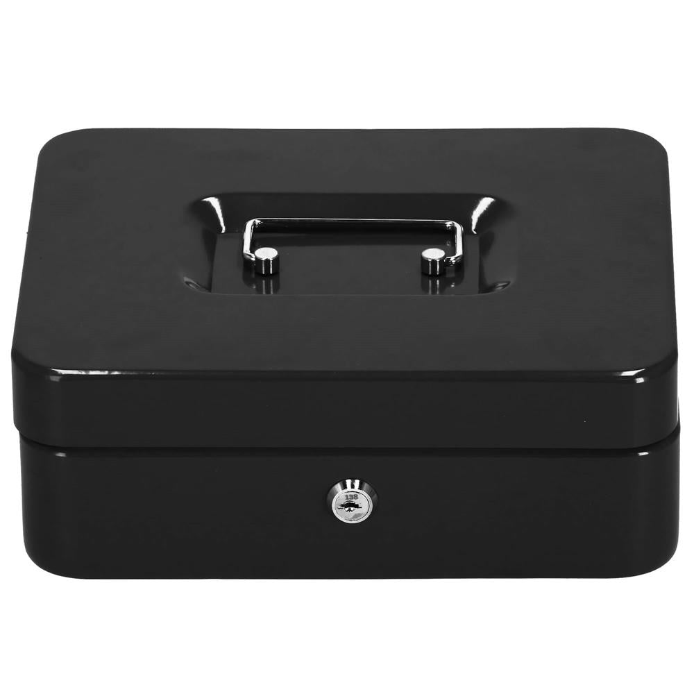 Caseta pentru bani tip cutie de valori, compartimentanta, cu cheie, metal, 25x20x9cm, negru