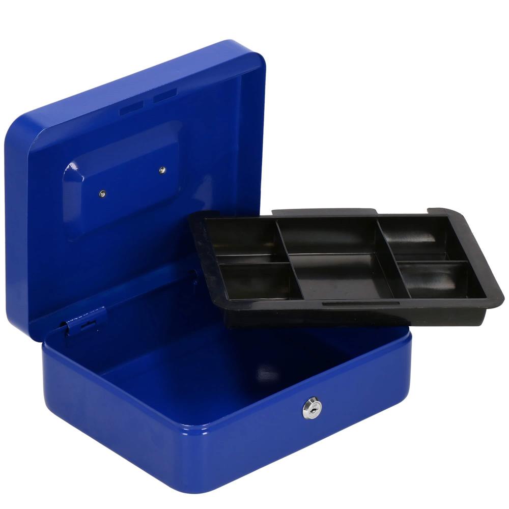 Caseta pentru bani tip cutie de valori, compartimentanta, cu cheie, metal, 20x16x9cm, albastru