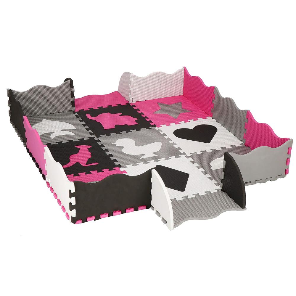 Covor din spuma pentru copii, tip puzzle forme, 34 piese, termoizolant, 120×120 cm, gri roz